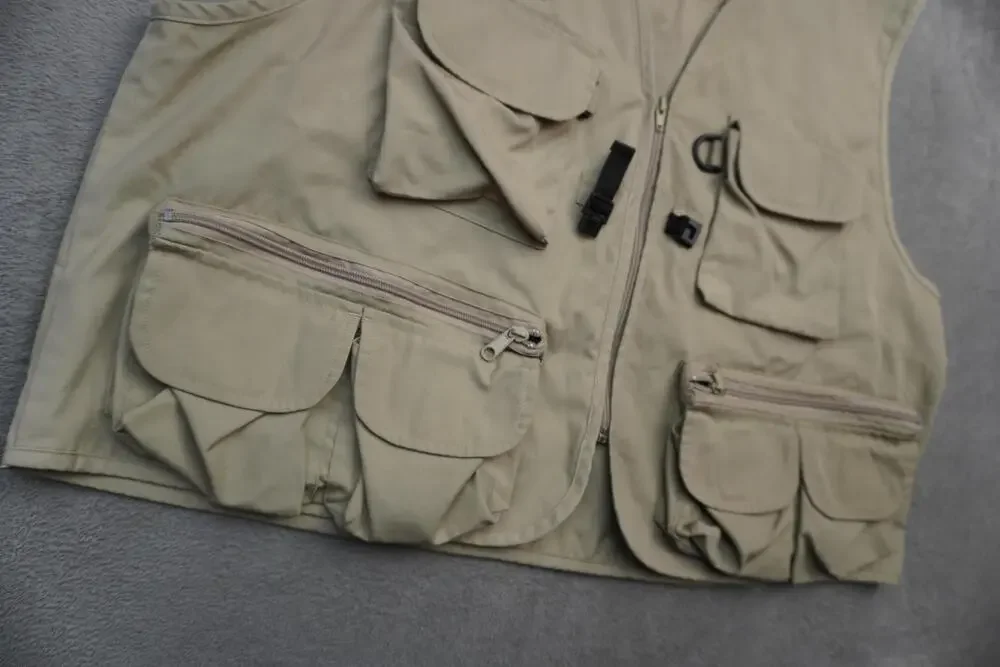 LL Bean Vest Mens XL Beige Canvas Multi Pocket Fishing Travel Outdoor Utility